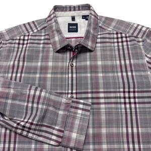 Boss Hugo Boss Shirt Mens Medium Gray Plaid Regular Fit Long Sleeve Button Down